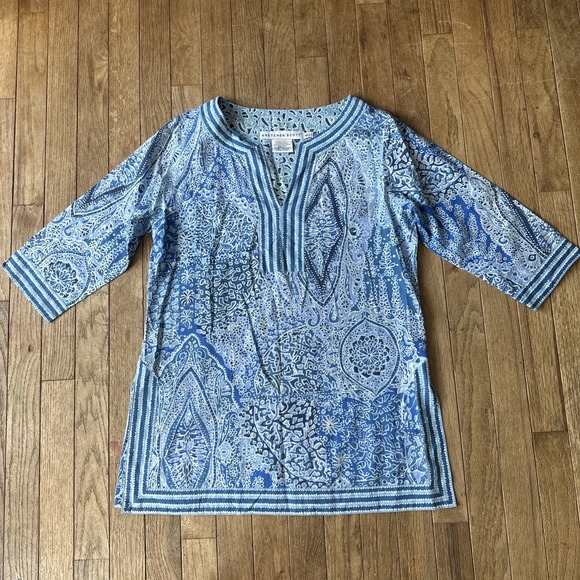Gretchen Scott Paisley Tunic Top Size S Blue White Split Hem V-Neck - Picture 1 of 8